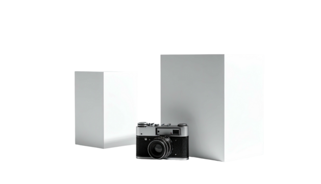 Vintage camera rests beside two simple, white, cubic forms