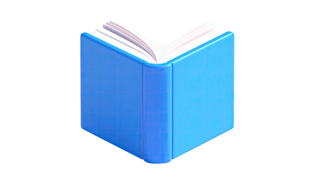 Isometric blue hardcover book opened, blank pages show
