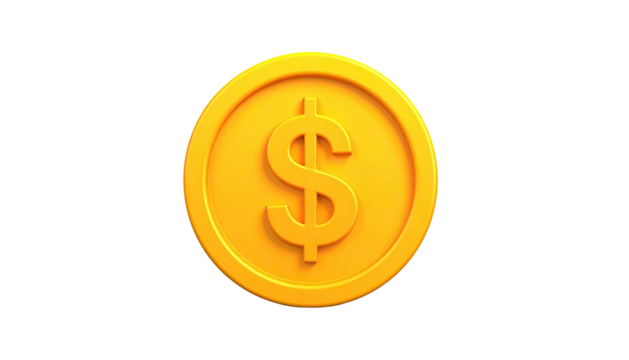 Gold dollar coin, center, bright. Black background. Simple