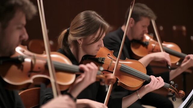 Orchestra members playing violins in a concert hall