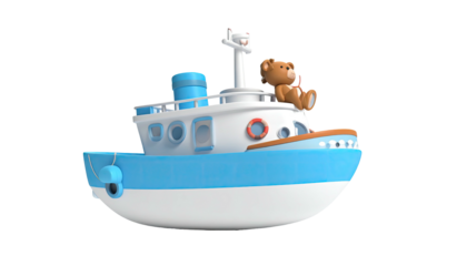 Blue and white toy boat with teddy bear against black