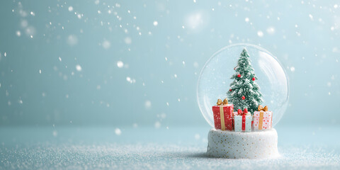 Whimsical Christmas snow globe with tree and presents against a light blue background with falling snow. Holiday concept.
