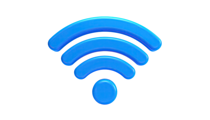 Glossy blue Wi-Fi icon, signal strength waves on black background