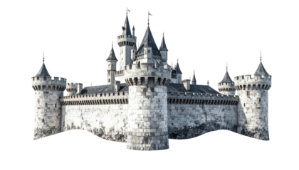 Imposing stone castle with towers, against a black background