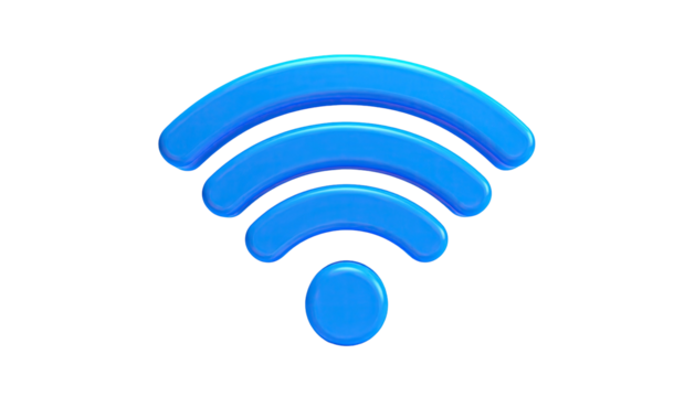 Glossy blue Wi-Fi icon, signal strength waves on black background