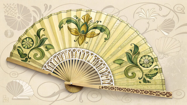 Watercolor hand fan illustration in Lemongrass tones on French Roast background expressing elegant Mardi Gras spirit with copy space
