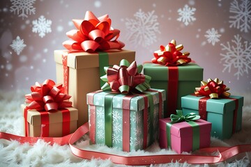 Fototapeta premium Assortment of Wrapped Christmas Gifts with Red and Green Ribbons on Fur gift boxes present