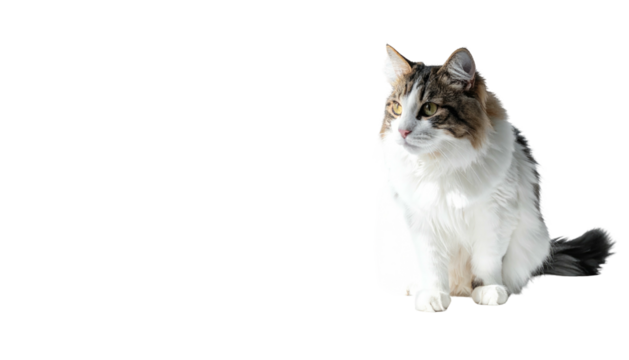 Longhair cat, white chest, sits staring right against black void