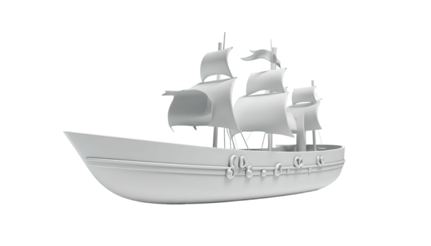 White ship model with sails on black backdrop, simple design
