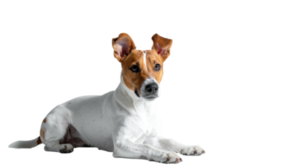 Dog lying. Brown/white fur, ears perked. Isolated dark background