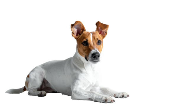 Dog lying. Brown/white fur, ears perked. Isolated dark background