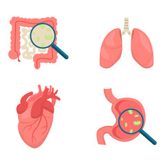 A collection of illustrations of human internal organs with bacteria inside, seen through a magnifying glass. Illustrations of the heart, lungs, stomach, and intestines. For education and health.