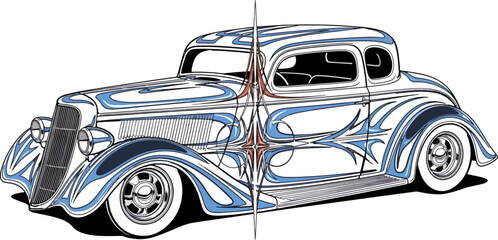 Classic car illustration blue and white ornamentation isolated