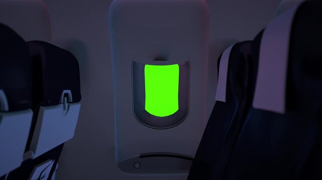 Airplane Window with Green Screen Customizable Backdrop for Vibrant Travel Scenes, Highlighting Interior Frame and Aviation Details in Well Lit Cabin with Dark Upholstered Seat and Light Colored Wall
