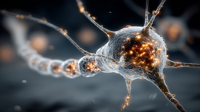 Ultra-realistic microscopic depiction of a human neuron with glowing electrical impulses, showcasing complex neural activity and biological processes.