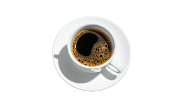 Top-down view of black coffee in a white cup on a saucer