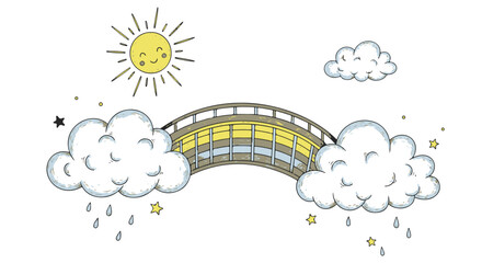 Obraz premium Bright Hand Drawn Illustration of a Rainbow Bridge Connecting Rainy Clouds with a Happy Sun