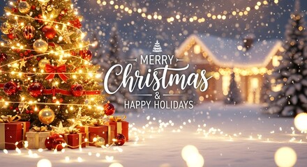 A magical Christmas scene featuring a beautifully decorated Christmas tree glowing with warm golden lights, soft falling snow, red and gold ornaments, wrapped gift boxes, sparkling fairy lights, and a