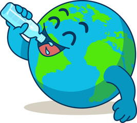 Cute cartoon Earth drinking from a water bottle, symbolizing hydration, environmental care, and water conservation in a fun and positive way. Vector illustration.