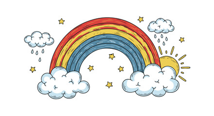 Obraz premium Vibrant Hand Drawn Rainbow Arc Over Whimsical Clouds, Sparkling Stars, and Sunshine