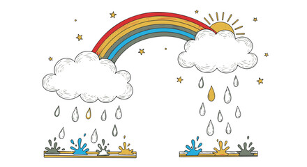 Obraz premium Hand Drawn Whimsical Weather Illustration Featuring a Rainbow, Sunny Cloud, and Puddles