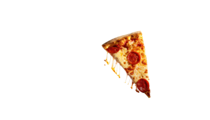 Pizza slice, cheesy, with pepperoni. Black background. Isolated