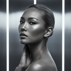 Fototapeta premium Striking Portrait of a Woman with Glitter Accents and Metallic Sheen in Studio Lighting