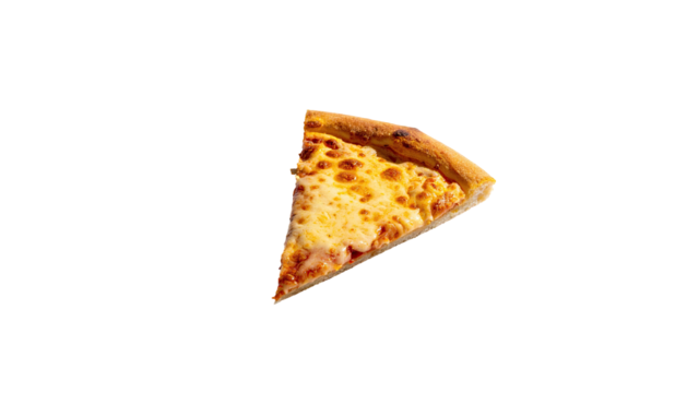 Pizza slice cheese, crust, against solid black background
