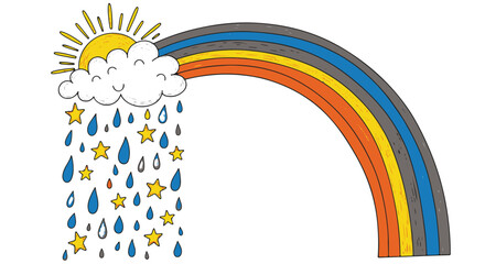 Fototapeta premium Charming Hand Drawn Sun and Rain Cloud with Falling Stars and a Vivid Rainbow