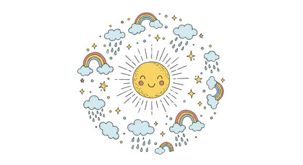 Fototapeta premium Delightful Hand Drawn Whimsical Weather Scene with Smiling Sun and Colorful Rainbows