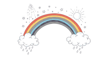 Fototapeta premium Vibrant Hand Drawn Rainbow Arc with Clouds, Sun, and Stars Artistic Concept