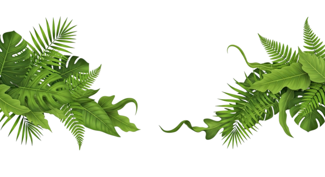 Tropical Leaves and Ferns Arrangement Isolated on Transparent Background Vector Illustration