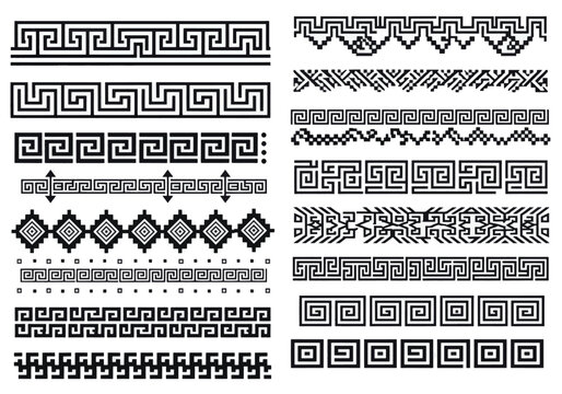 A collection of seamless geometric borders with Greek meander and ethnic patterns