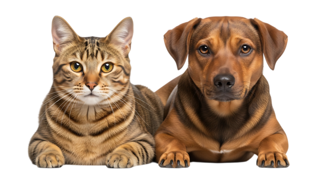 Cute bengal cat and rhodesian ridgeback dog together isolated on transparent background