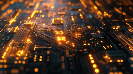 Abstract glowing circuit board transmitting digital data technology