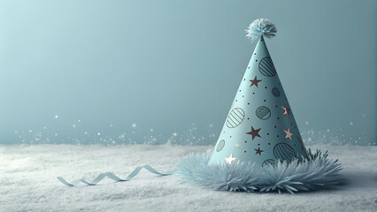 Prunus-colored party hat on neutral Steam Blue background, minimalist New Year’s Eve celebration with copy space