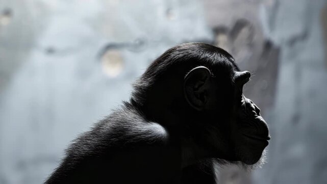 Profile view of thoughtful ape against blurred gray background