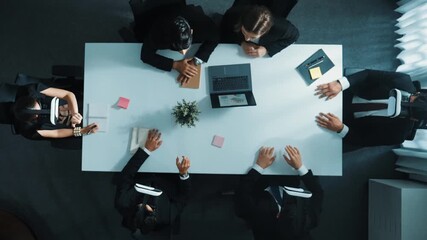 Top view of smart business group wearing vr headset while project manager using laptop and phone send data analysis to metaworld. Time lapse of business people working in virtual world. Directorate. - Powered by Adobe