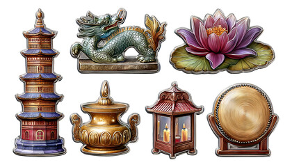 Ancient Eastern Temple Artifacts with Dragon, Lotus, and Ornate Decorations