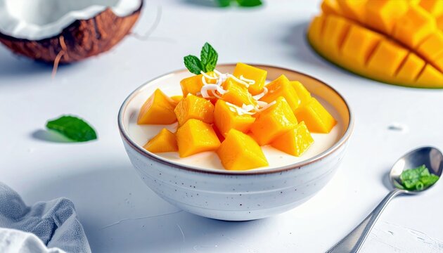 A refreshing dessert featuring diced mango in a creamy base, topped with shredded coconut and mint, with a coconut and mango slice visible.