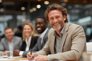 Smiling businessman in suit at table with colleagues during meeting, close-up shot