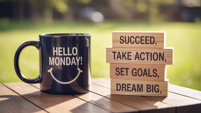 Hello monday mug and motivational wooden blocks outdoors