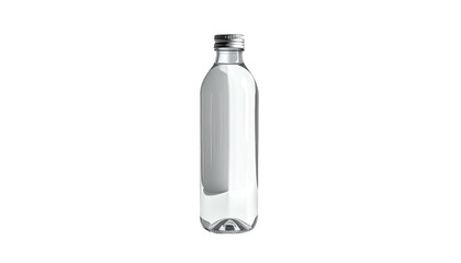 Clear bottle with silver cap stands on black background