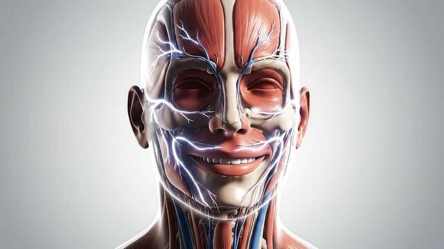 Detailed Medical Animation of Human Head Musculature and Vascular System with Blue Neural Pathways on a Clean White Background