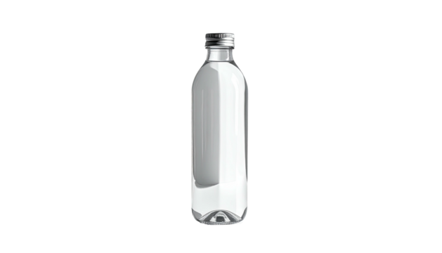 Clear bottle with silver cap stands on black background