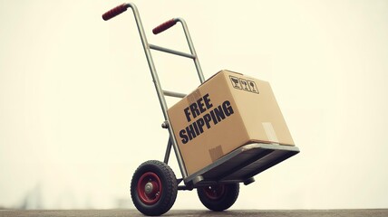Hand truck with a box labeled free shipping