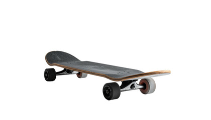 Skateboard angled, shows wood deck, wheels, truck against black