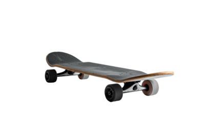 Skateboard angled, shows wood deck, wheels, truck against black
