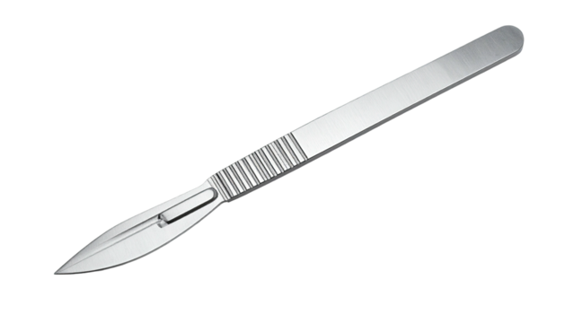 Sleek metal scalpel with a pointed blade on a dark background