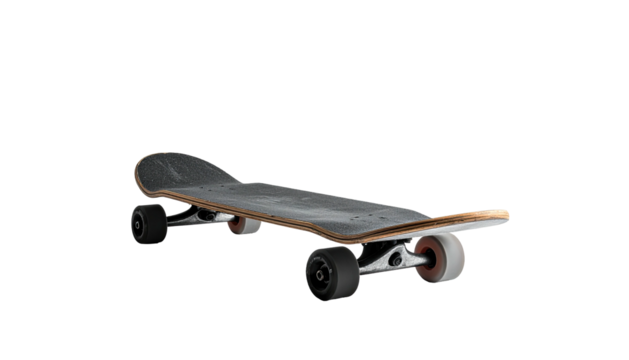 Skateboard angled, shows wood deck, wheels, truck against black